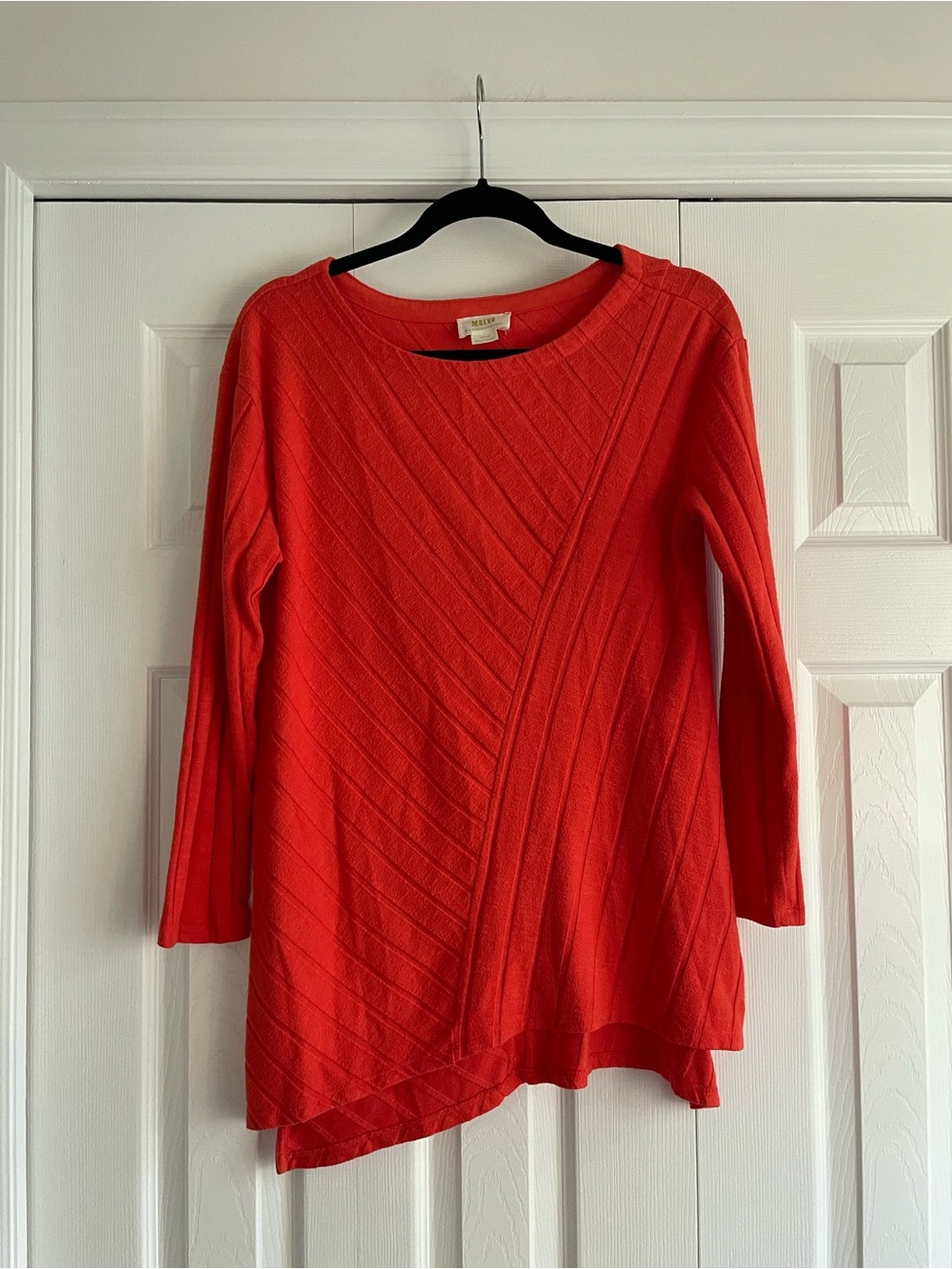 Maeve Vibrant Coral-Red Asymmetrical Knit Top